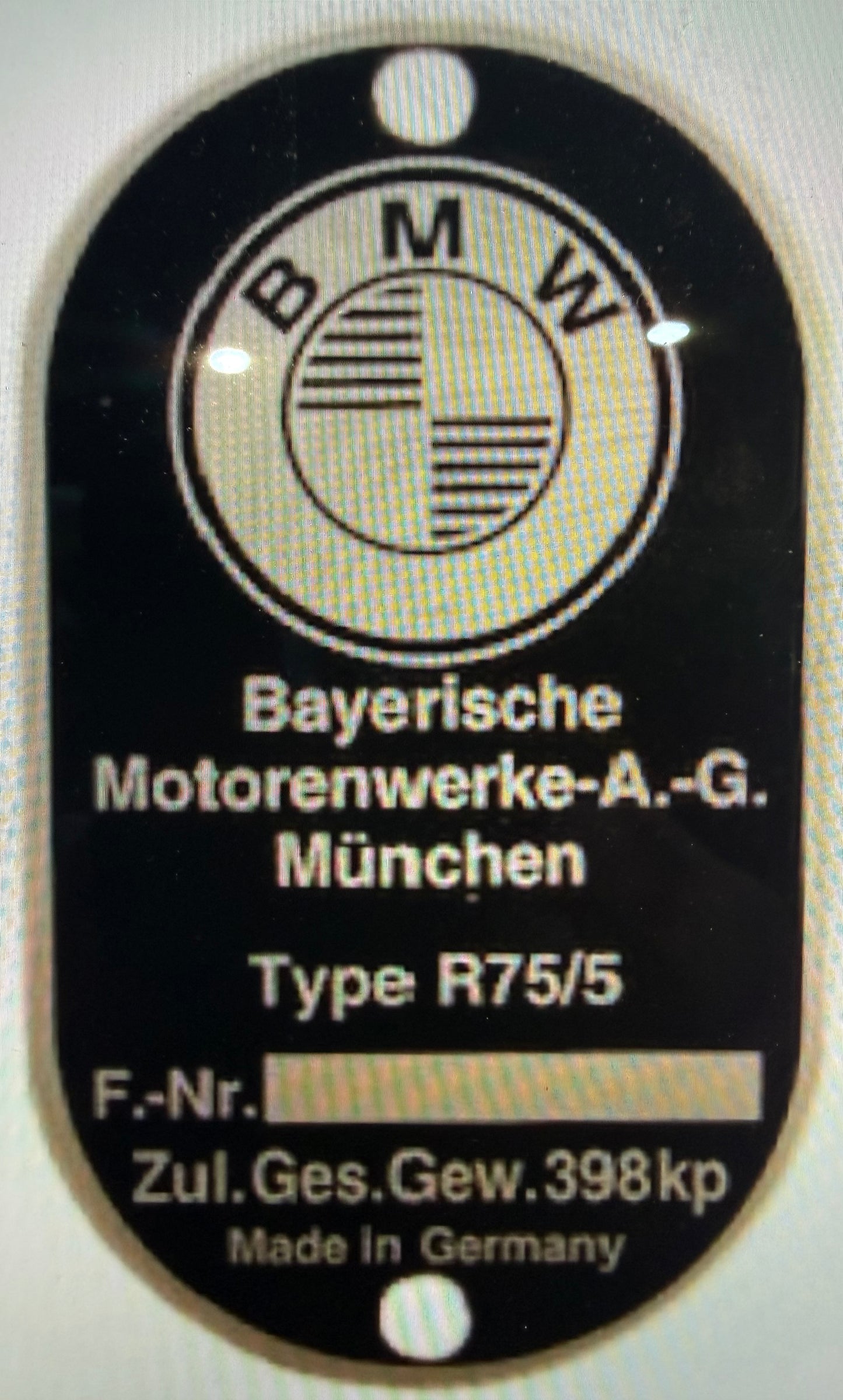 ID Plate Euro version R75/5- BMW Airhead 51 14 1 232 087